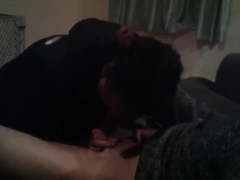 Wife sucks off husbands best friend on the sofa